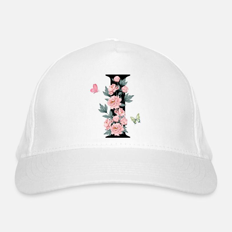 Buchstabe i rosa Blumen Bio-Baseballkappe