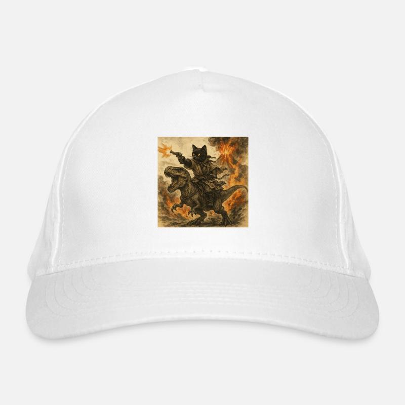 Samurai Cat Riding Dinosaur in Volcanic Eruption Organic Baseball Cap