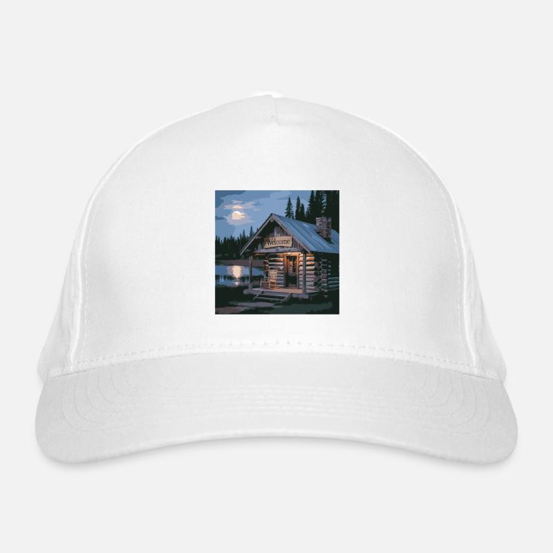 Scène nocturne de cabane de lac rustique Casquette classique bio