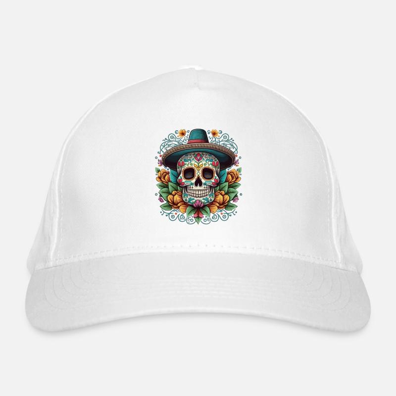Sugar Skull with Hat and Floral Aztec Organic Baseball Cap