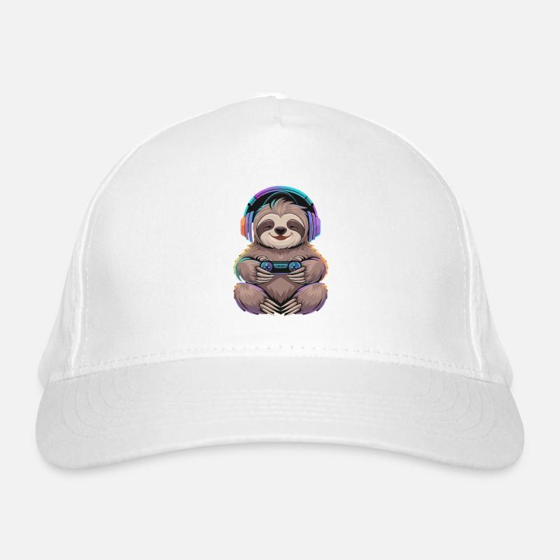 Sloth Gamer With Controller And Colorful Organic Baseball Cap