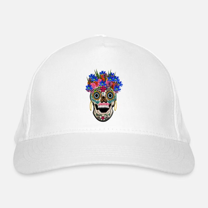 Crâne décoré de fleurs, jour sélénium / Muertos Casquette classique bio
