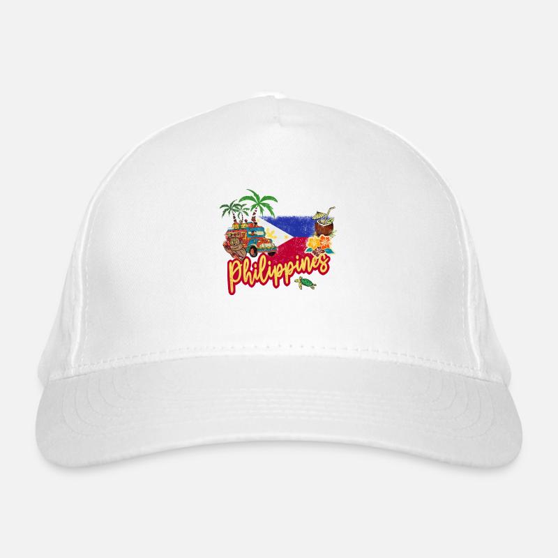 Philippines Vintage Lemur with Flag Palm Trees Organic Baseball Cap
