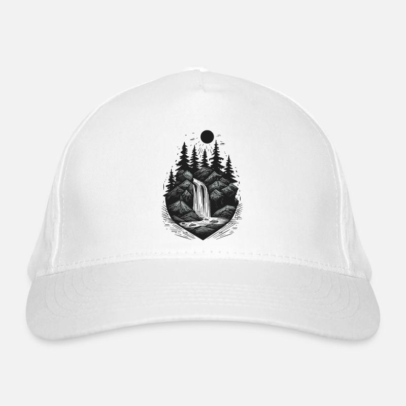 Tattoo style waterfall pine tree outdoor logo Organic Baseball Cap