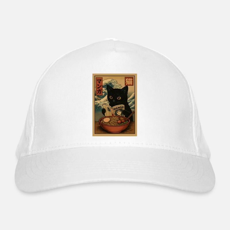 Cat read Manga eating Ramen Wave Organic Baseball Cap