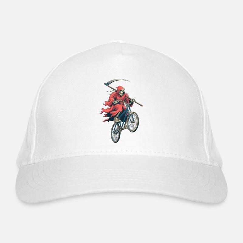 Skeleton in red cape on bicycle Organic Baseball Cap