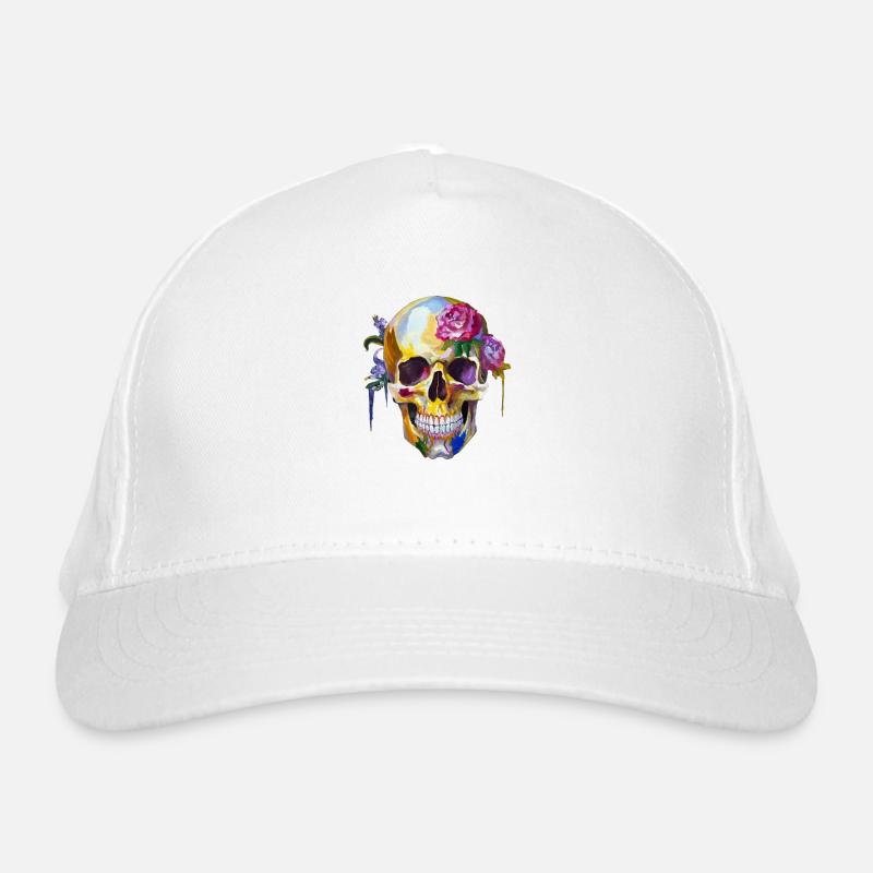 Totenkopf mit bunten Blumen Bio-Baseballkappe