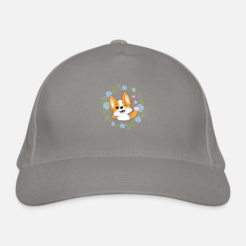 Agitant un chien Corgi heureux dans une couronne de fleurs Casquette classique bio