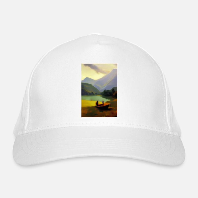 Landschaft mit See, Boot und Berge Bio-Baseballkappe