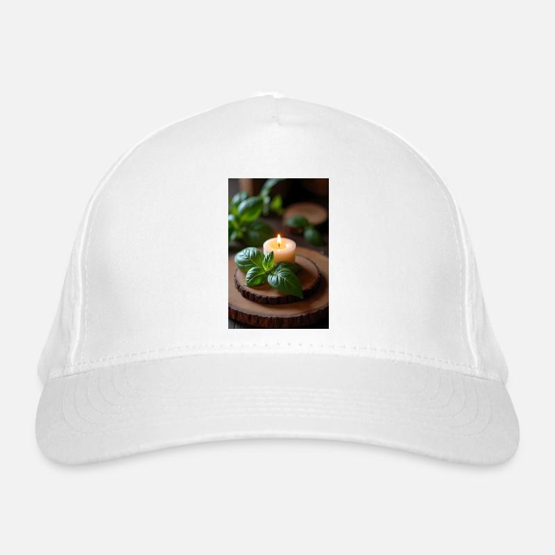 Burning candle with basil on rustic wood Organic Baseball Cap