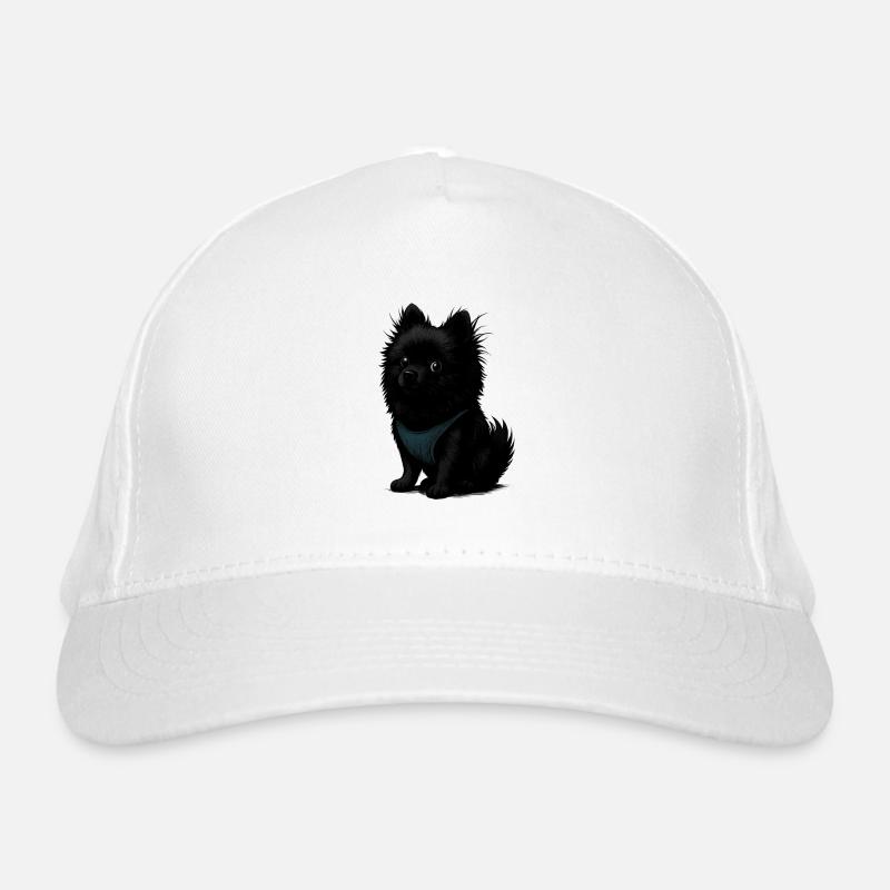 Schwarzer Spitz Hund mit blauer Weste Bio-Baseballkappe