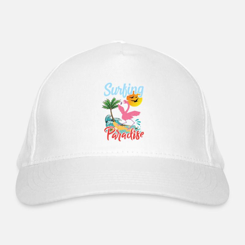 Coucher de soleil avec flamant rose et surf - Casquette classique bio - blanc