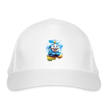 "Happy Rails" Fröhliches Zug T-Shirt - Bio-Baseballkappe - Weiß - Vorne