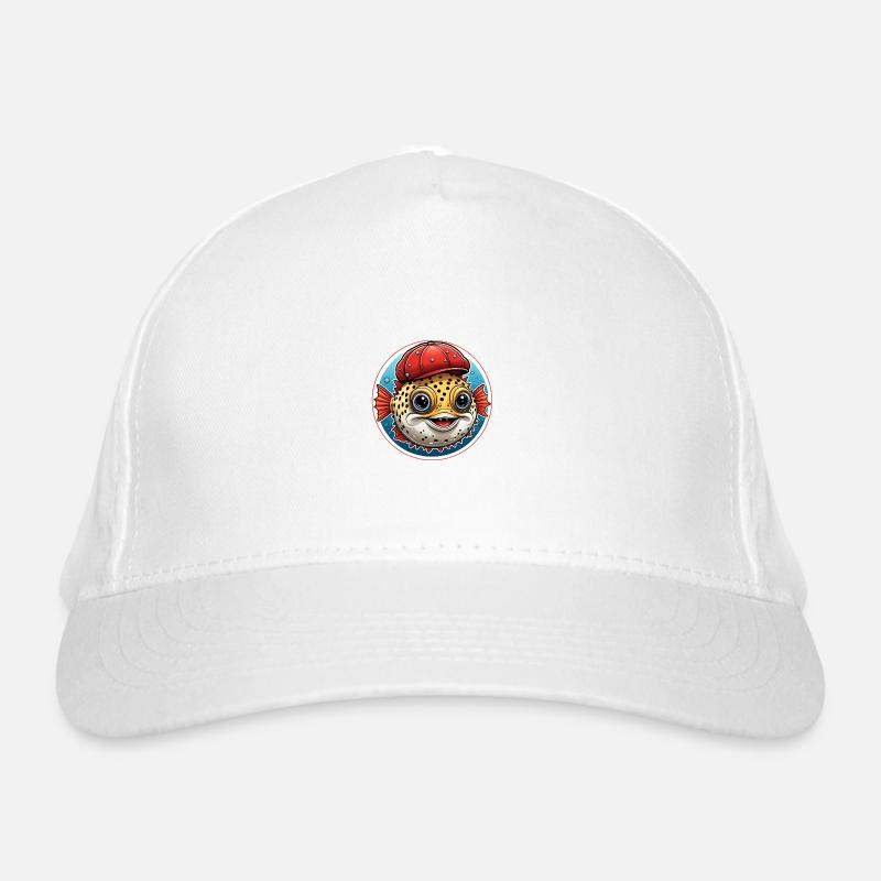 Lustiger Kugelfisch mit roter Basecap Bio-Baseballkappe