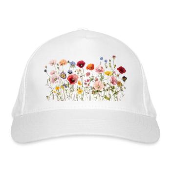 Wilde Blumenwiese – Natürliche Aquarellblüten - Bio-Baseballkappe - Weiß - Vorne