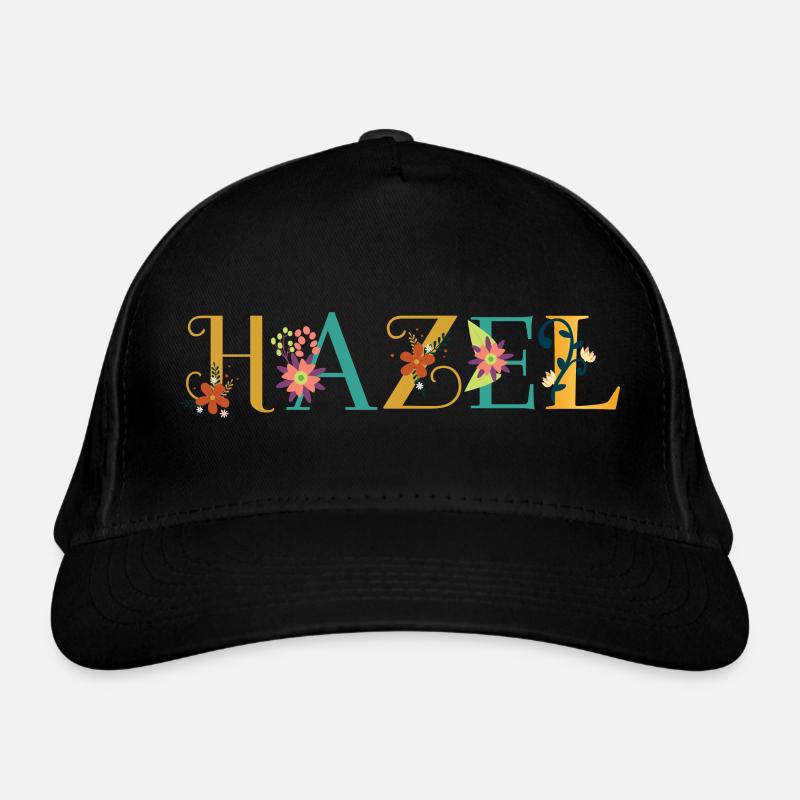 HAZEL Namenskunst mit Blumen gestickt - Bio-Baseballkappe - Schwarz