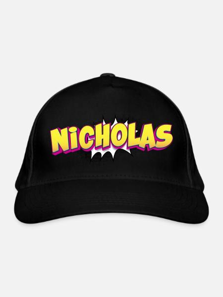 Nicholas Custom Name Comic Book Style Pop Art, - Bio-Baseballkappe - Schwarz - Vorne
