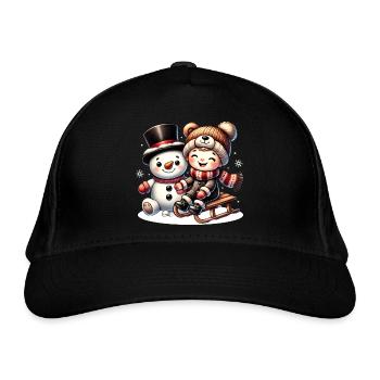 Schneemann und lachendes Kind – pure Winterfreude - Bio-Baseballkappe - Schwarz - Vorne