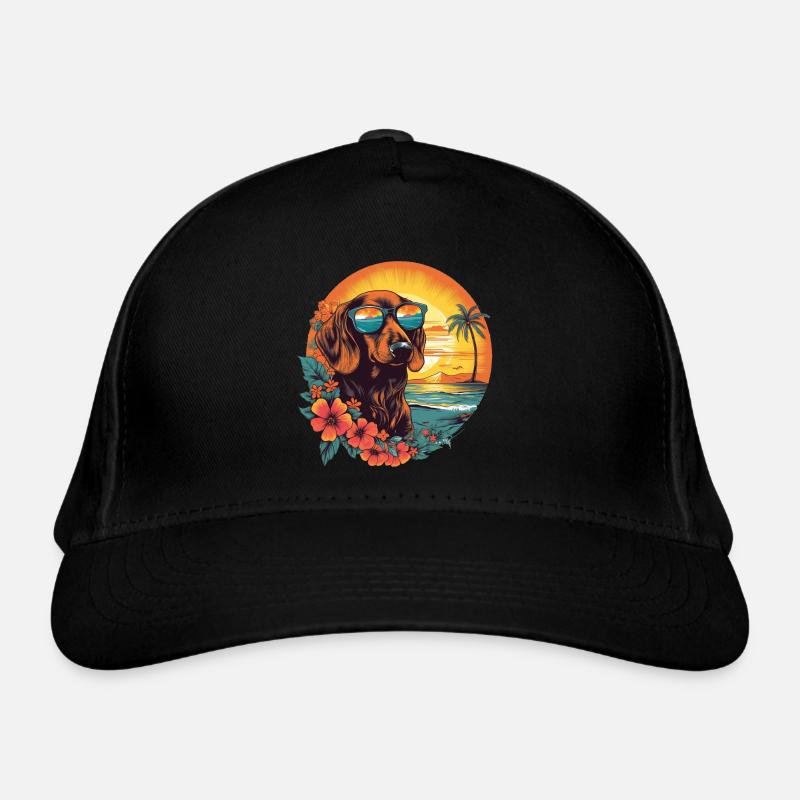 Bunter Dackel mit Sonnenbrille am Strand Bio-Baseballkappe