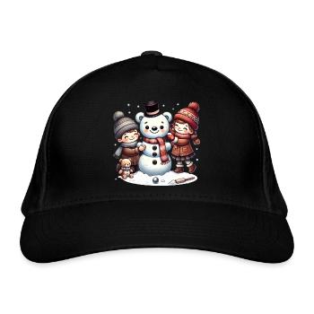 Winterspaß: Kinder bauen einen Teddy-Schneemann - Bio-Baseballkappe - Schwarz - Vorne