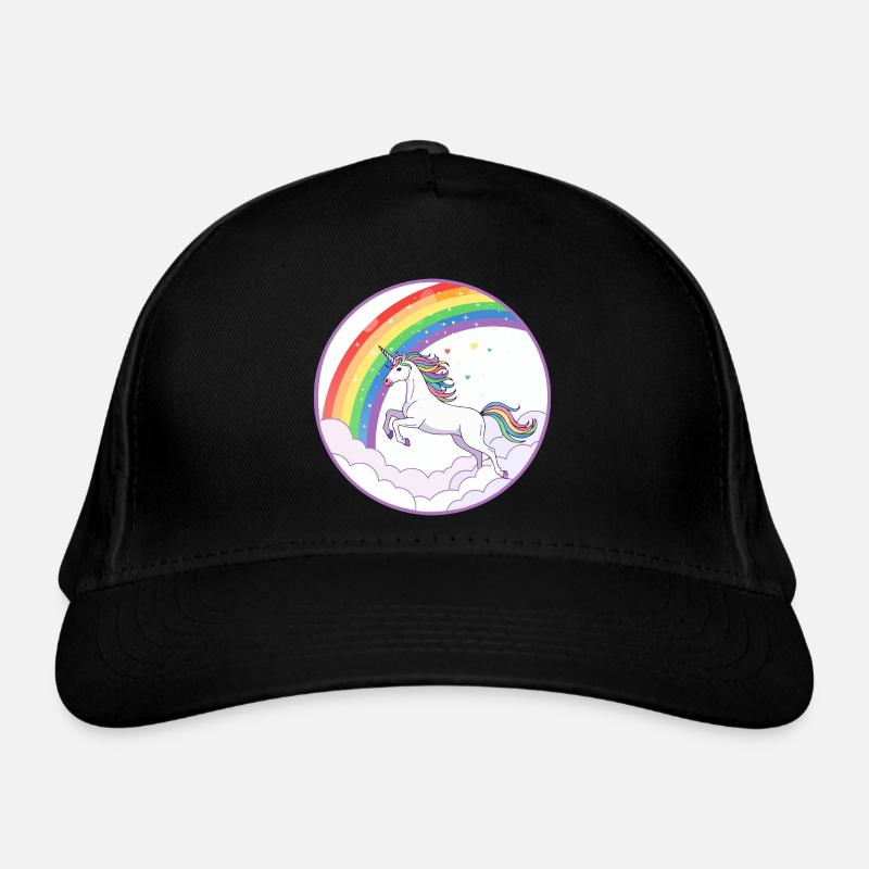 Regenbogen Einhorn über Wolken Herzchen Motiv Bio-Baseballkappe