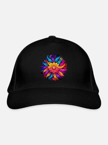Regenbogenfeder Mandala - Bio-Baseballkappe - Schwarz - Vorne