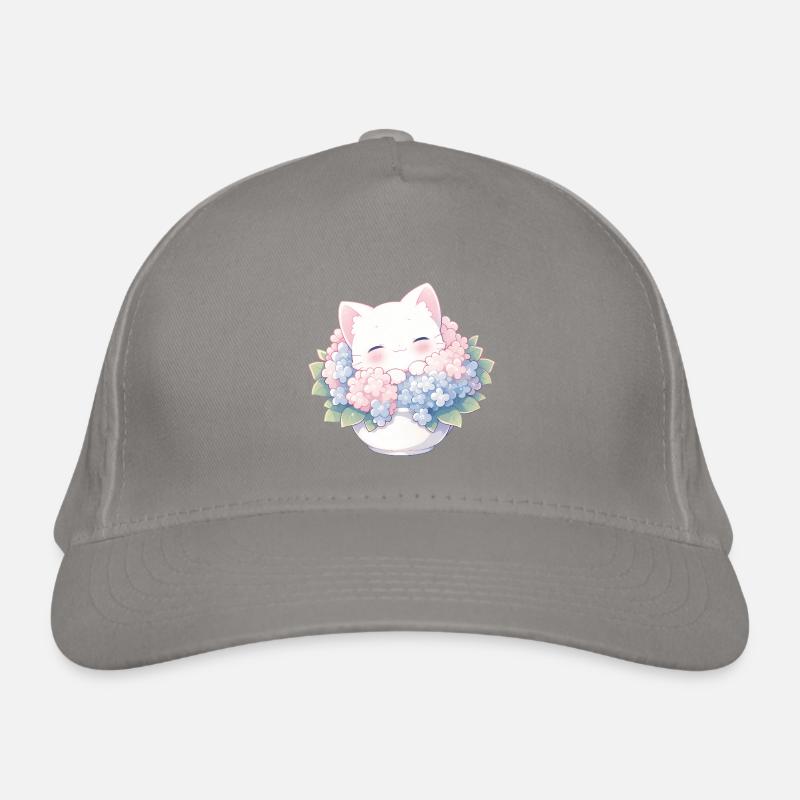 Cute White Cat in Hydrangeas – Kawaii Design Organic Baseball Cap
