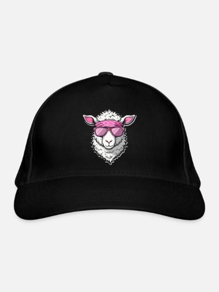 Cooles Schaf mit rosa Sonnenbrille und Stirnband - Bio-Baseballkappe - Schwarz - Vorne