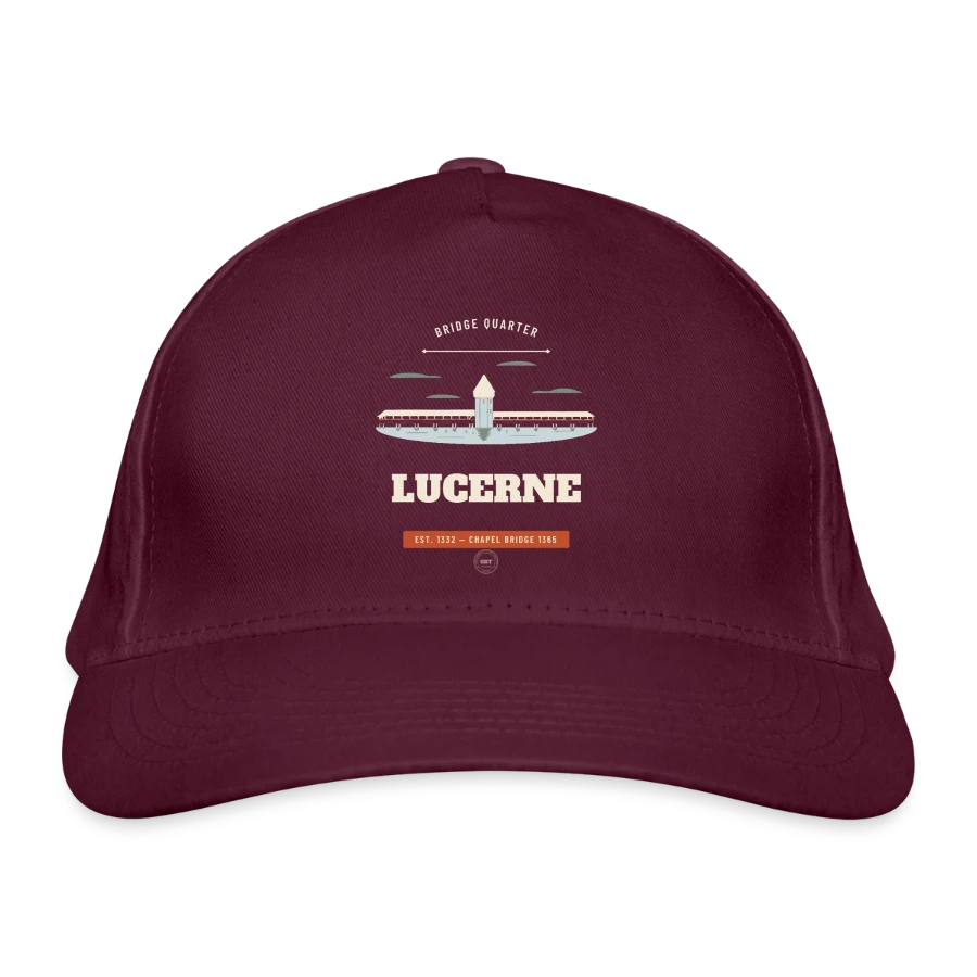 Lucerne badge on a organic baseball cap, burgundy