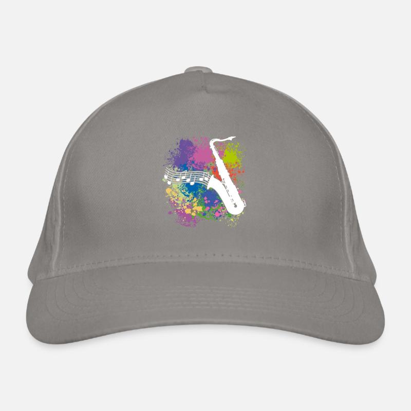 Silhouette de saxophone et notes de musique sur des taches de couleur Casquette classique bio