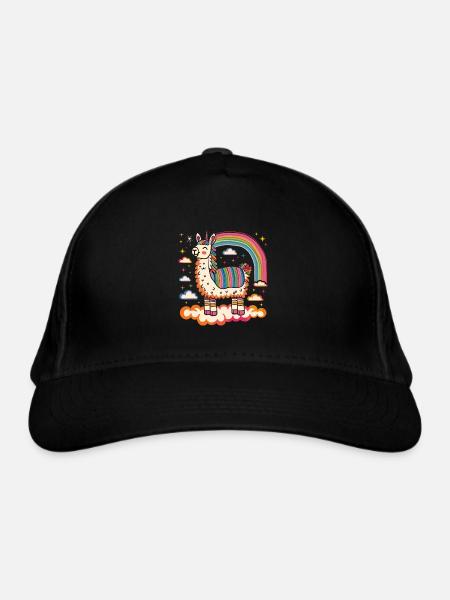 Flippiges Alpaka mit bunten Regenbogen-Streifen - Bio-Baseballkappe - Schwarz - Vorne