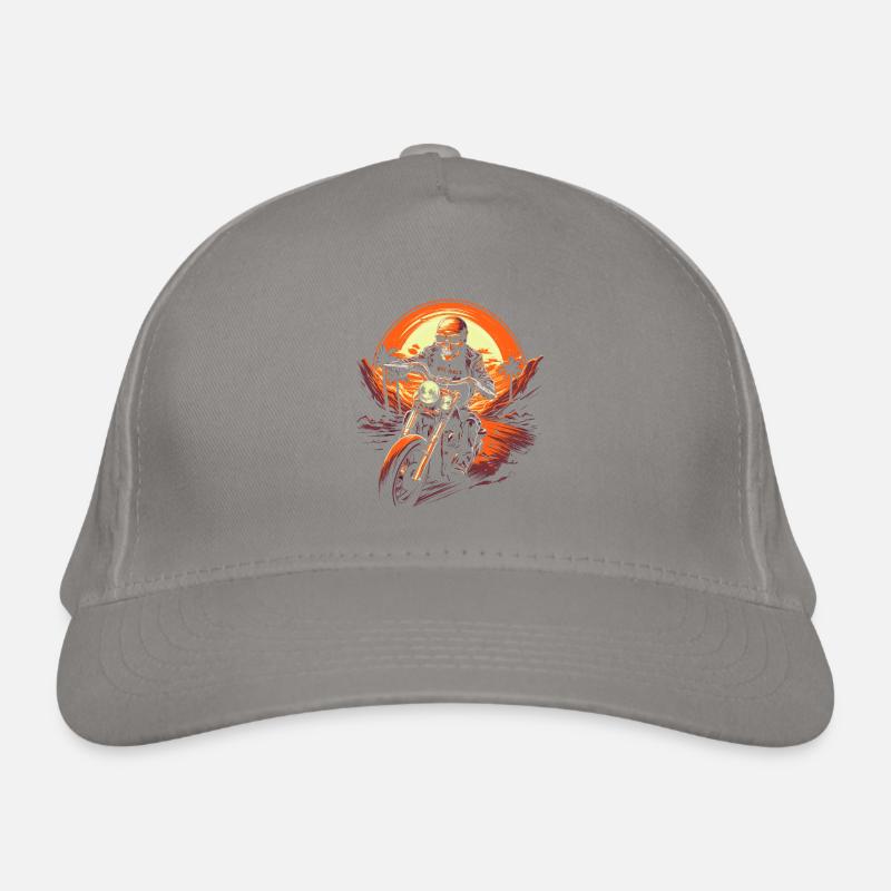 Skeleton On Motorcycle Fire Red Sunset Organic Baseball Cap