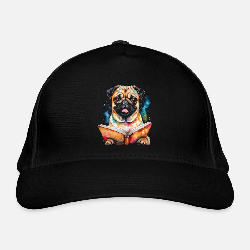Mops Lesen Buch Hund Bunt Lustig Tier Design Print - Bio-Baseballkappe - Schwarz