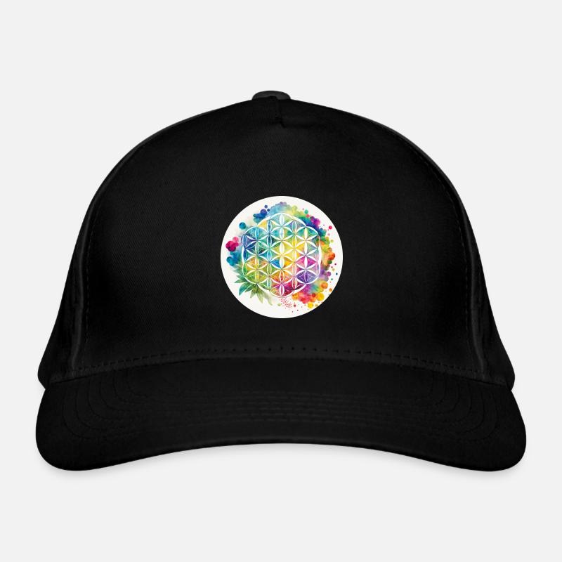 Rainbow Flower of Life Hemp Circle - Bio-Baseballkappe - Schwarz