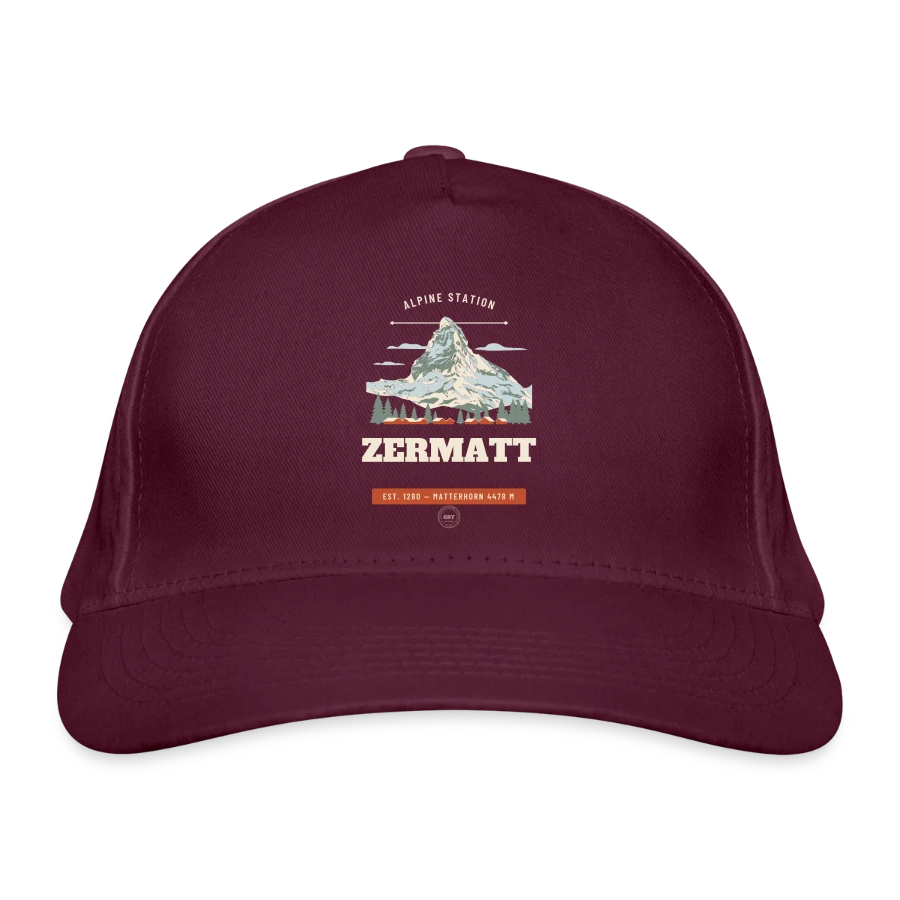 Zermatt badge on a organic baseball cap, burgundy