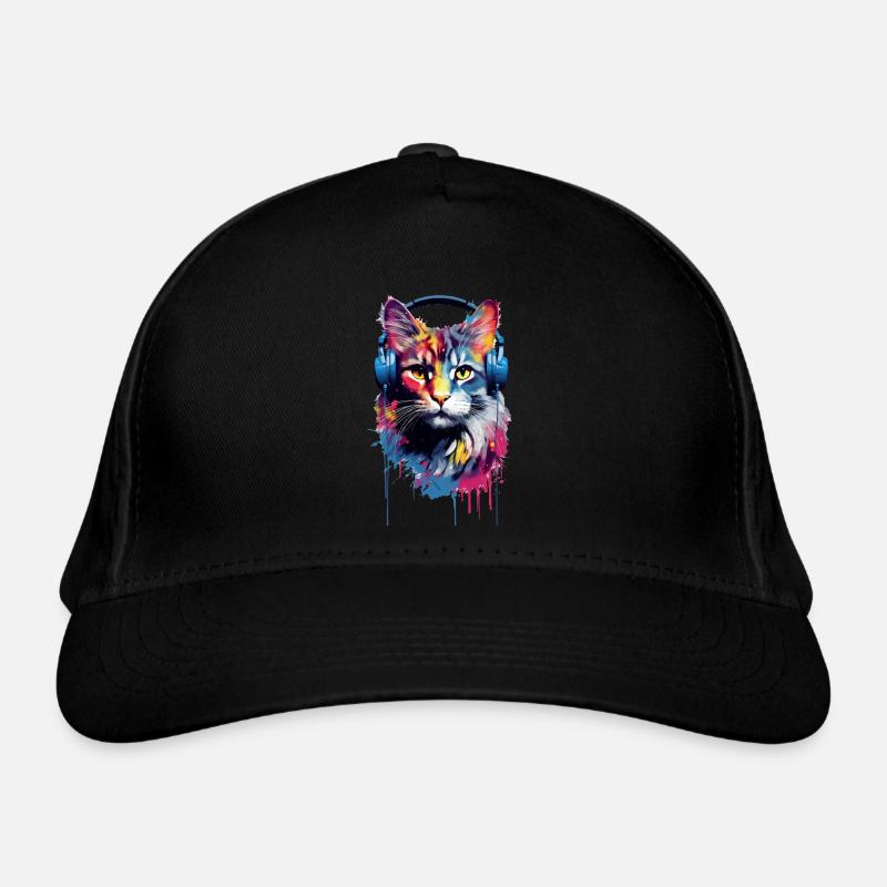 Bunte Maine Coon Katze mit Kopfhörer Bio-Baseballkappe