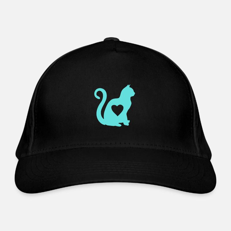 Turquoise cat heart silhouette cat lover black Organic Baseball Cap
