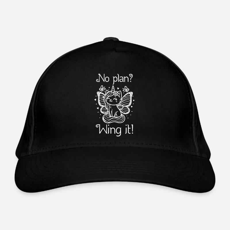 No Plan Wing It winged unicorn cat - Organic Baseball Cap - black