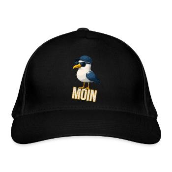 Coole Möwe mit Cap & Sonnenbrille - Moin Design - Bio-Baseballkappe - Schwarz - Vorne