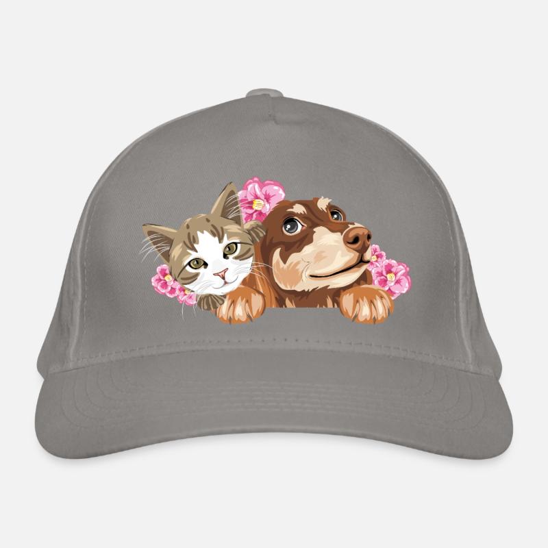 Chat mignon et teckel rêveur avec des fleurs roses Casquette classique bio