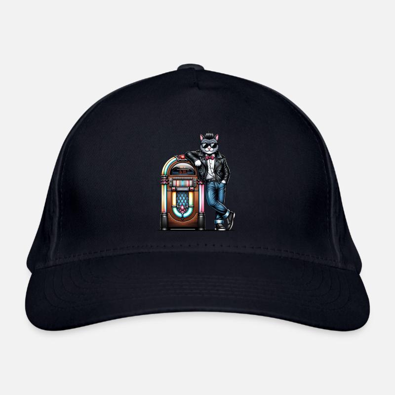 Rockabilly Cat standing at a 80s Jukebox. Organic Baseball Cap