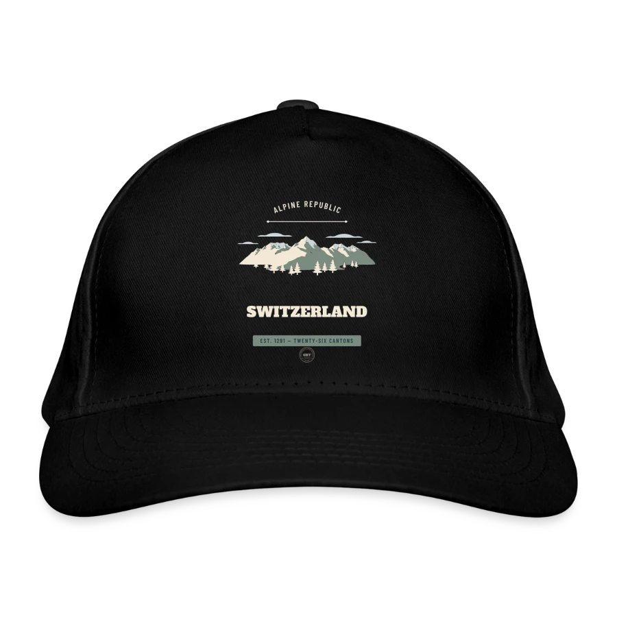 Switzerland badge on a organic baseball cap, black