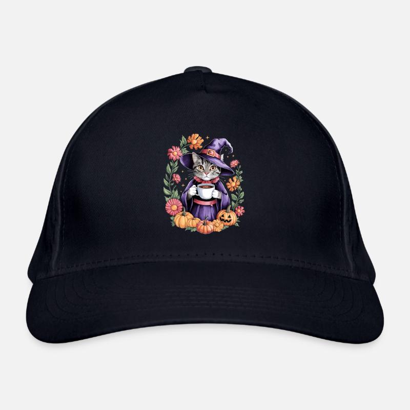 Chat sorcière Halloween avec des citrouilles et des fleurs Casquette classique bio