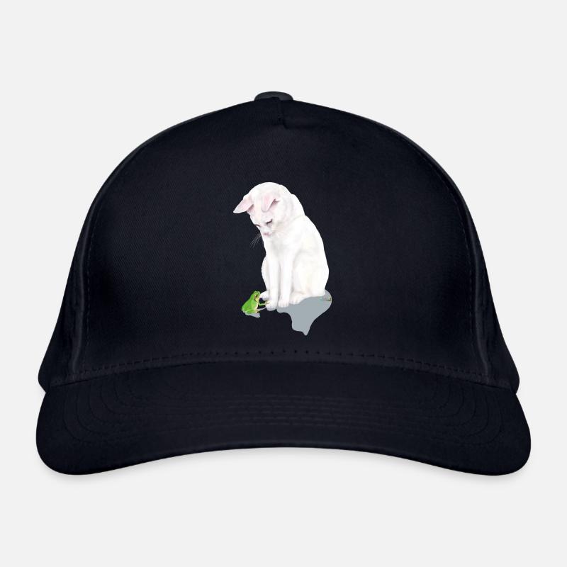 White cat with green frog Organic Baseball Cap