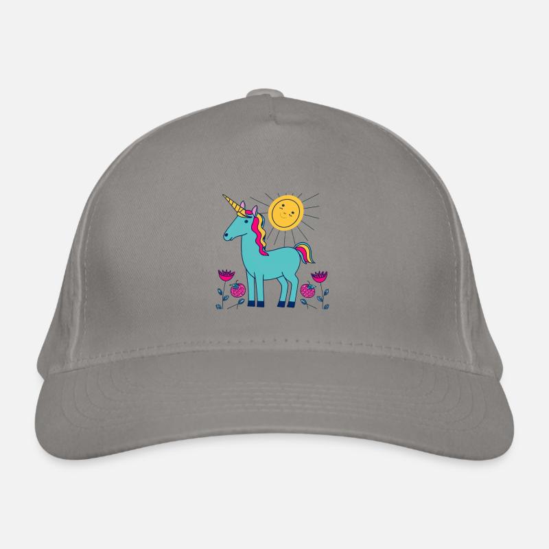 Grünes Einhorn unter einer lächelnden Sonne Bio-Baseballkappe