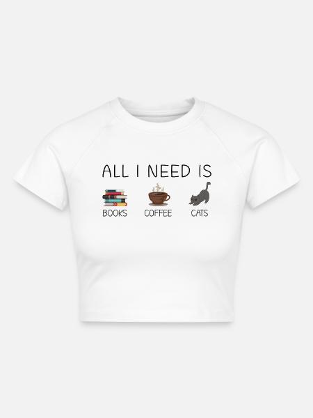 Bücher, Kaffe und Katzen - Cropped Frauen Organic T-Shirt - Weiß