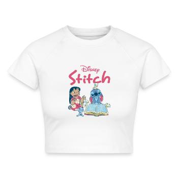 Lilo & Stitch Mit Buch Und Schriftzug - Cropped Frauen Organic T-Shirt - Weiß - Vorne - AI Model Female 172 dark (172cm)
