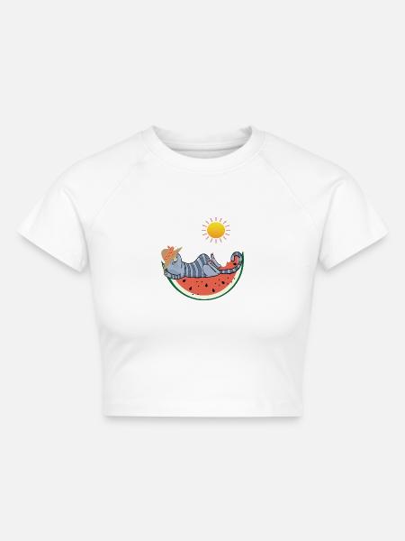 Katze mit Melone im Sonnenschein - Cropped Frauen Organic T-Shirt - Weiß