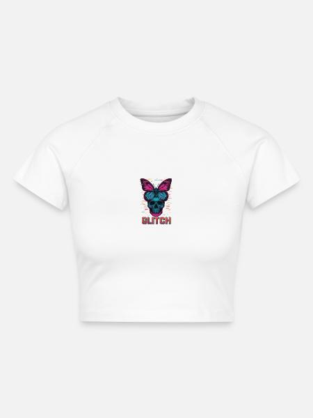 Neon Skull mit Schmetterling Design - Cropped Frauen Organic T-Shirt - Weiß