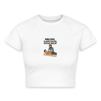 Hinlegen klappe halten, Physio MACHT - Cropped Frauen Organic T-Shirt - Weiß - Vorne - AI Model Female 172 dark (172cm)